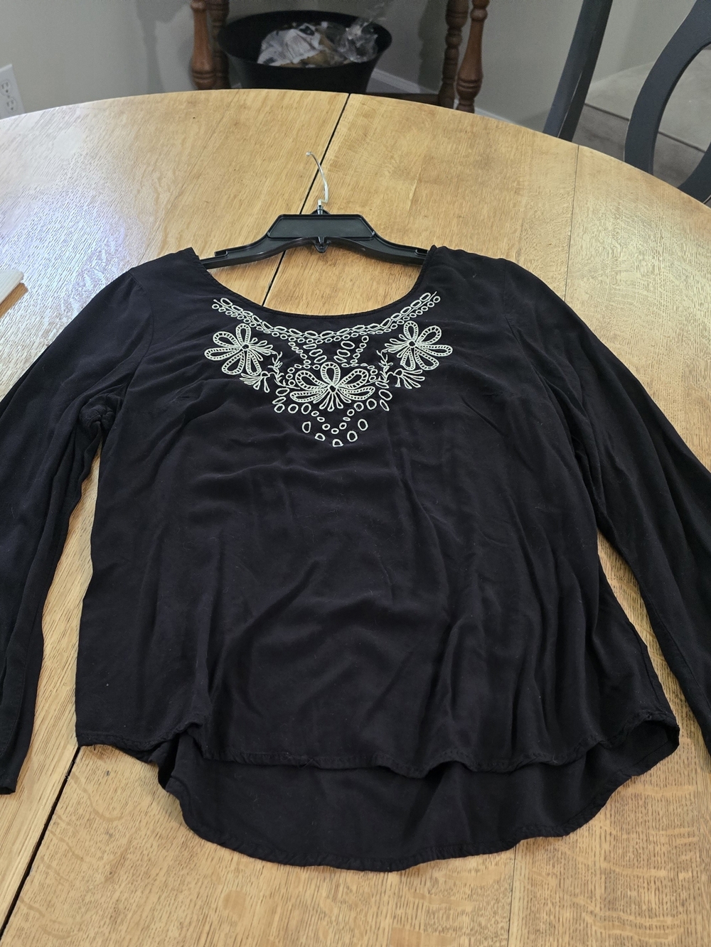 Faded Glory Black Long-Sleeve Top with Cream Floral Embroidery